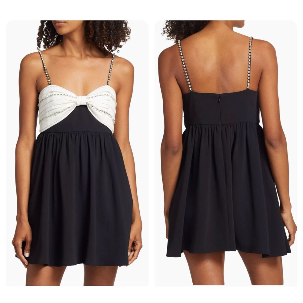 NWT Self-Portrait Crepe Embellished Two-Tone Mini Dress With White Bow Black 10